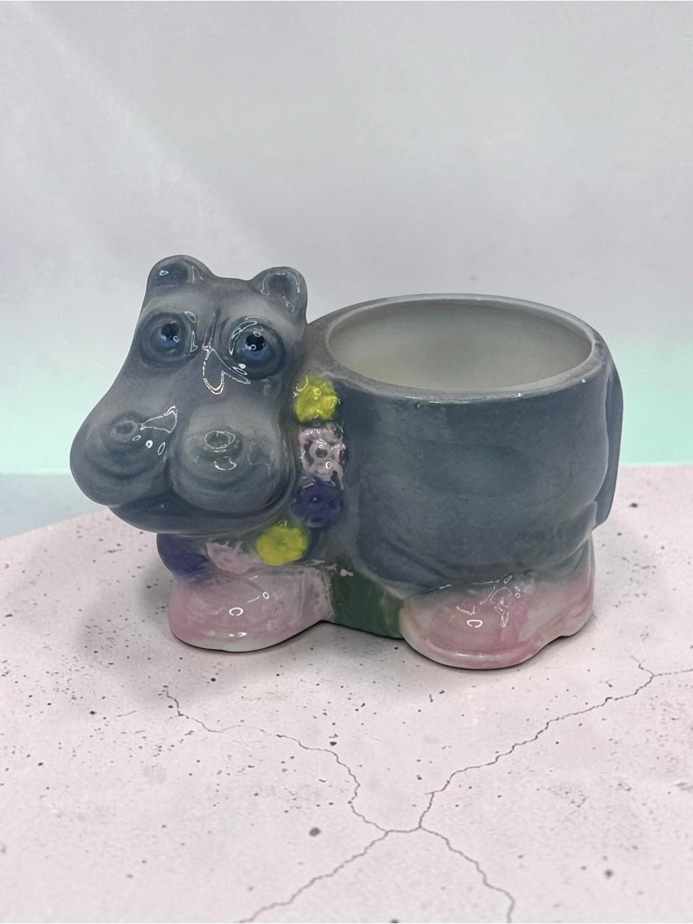 Vintage Ceramic House Hippo Planter Pot Anthropomorphic Kitsch Unique Hipster